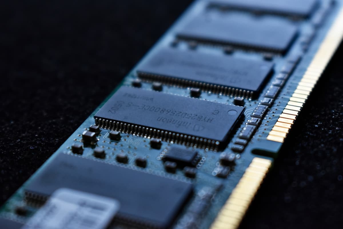 Macro de um módulo de memória RAM, evidenciando os chips de memória