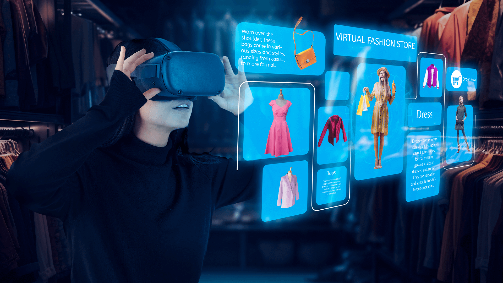 Imagem de uma mulher utilizando um óculos de RV, simbolizando a importância da realidade virtual para vendas.