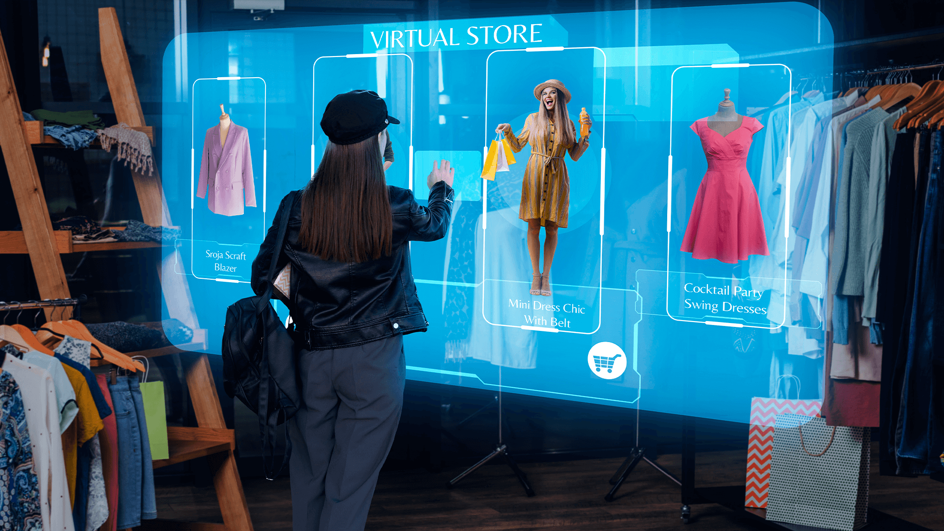 Imagem de uma mulher escolhendo roupas em rv, simbolizando a importância da realidade virtual para vendas.