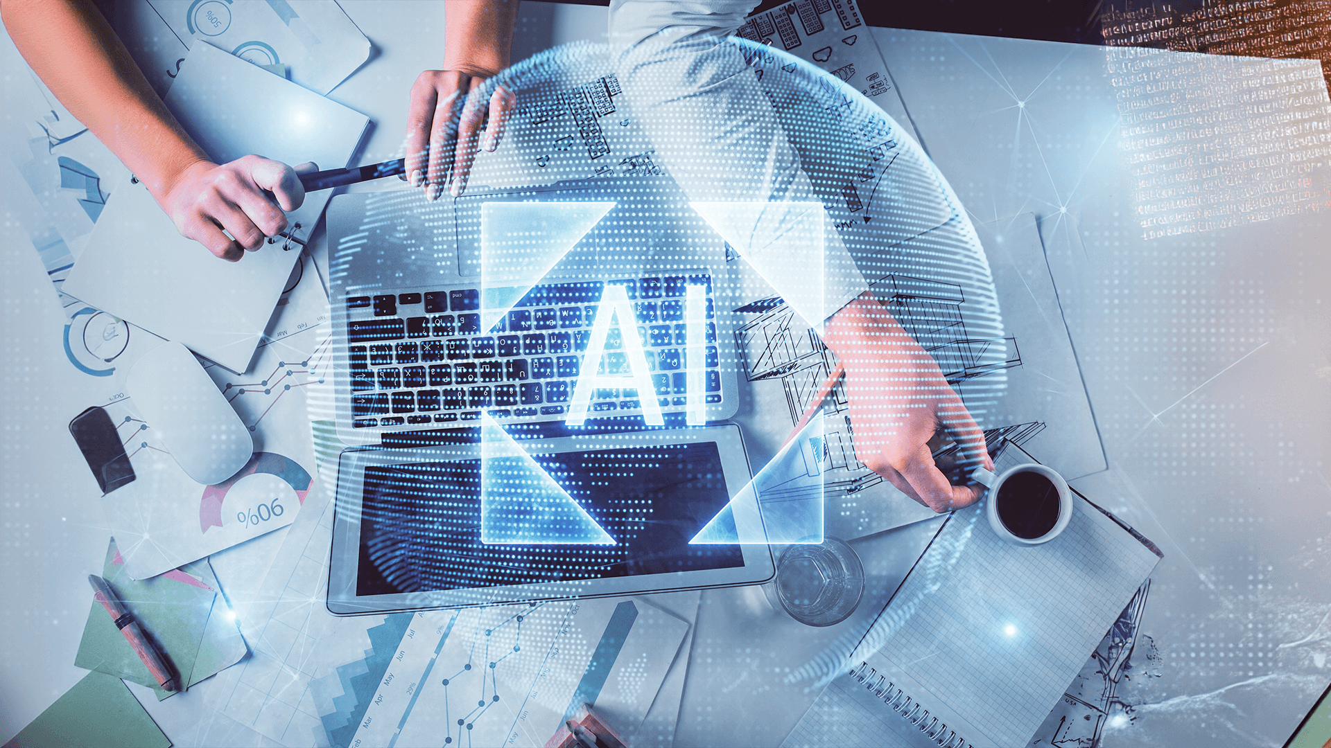 Imagem com fundo de computador e uma imagem escrito AI na frente, simbolizando a importância da modernização de legado com IA.