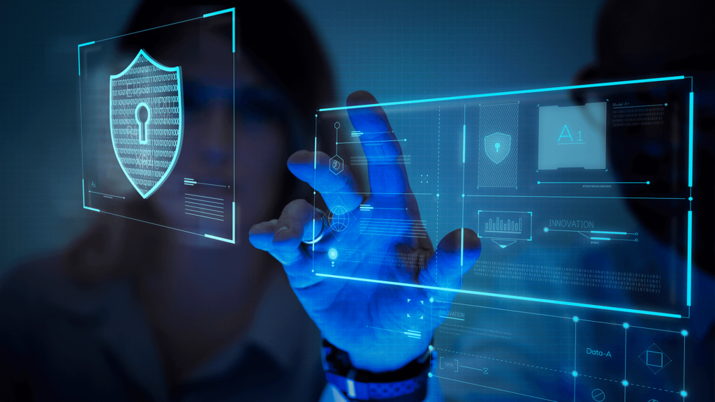 Mão apontando para holograma de trinca de chave, simbolizando a segurança da IA no desenvolvimento de software, tema do artigo da Luby.