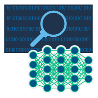 Binary code on dark background with magnifying glass graphic