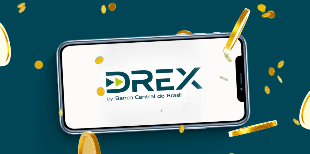 A imagem mostra um celular com o logo do Drex, nova moeda digital brasileira, tema do artigo da Luby.