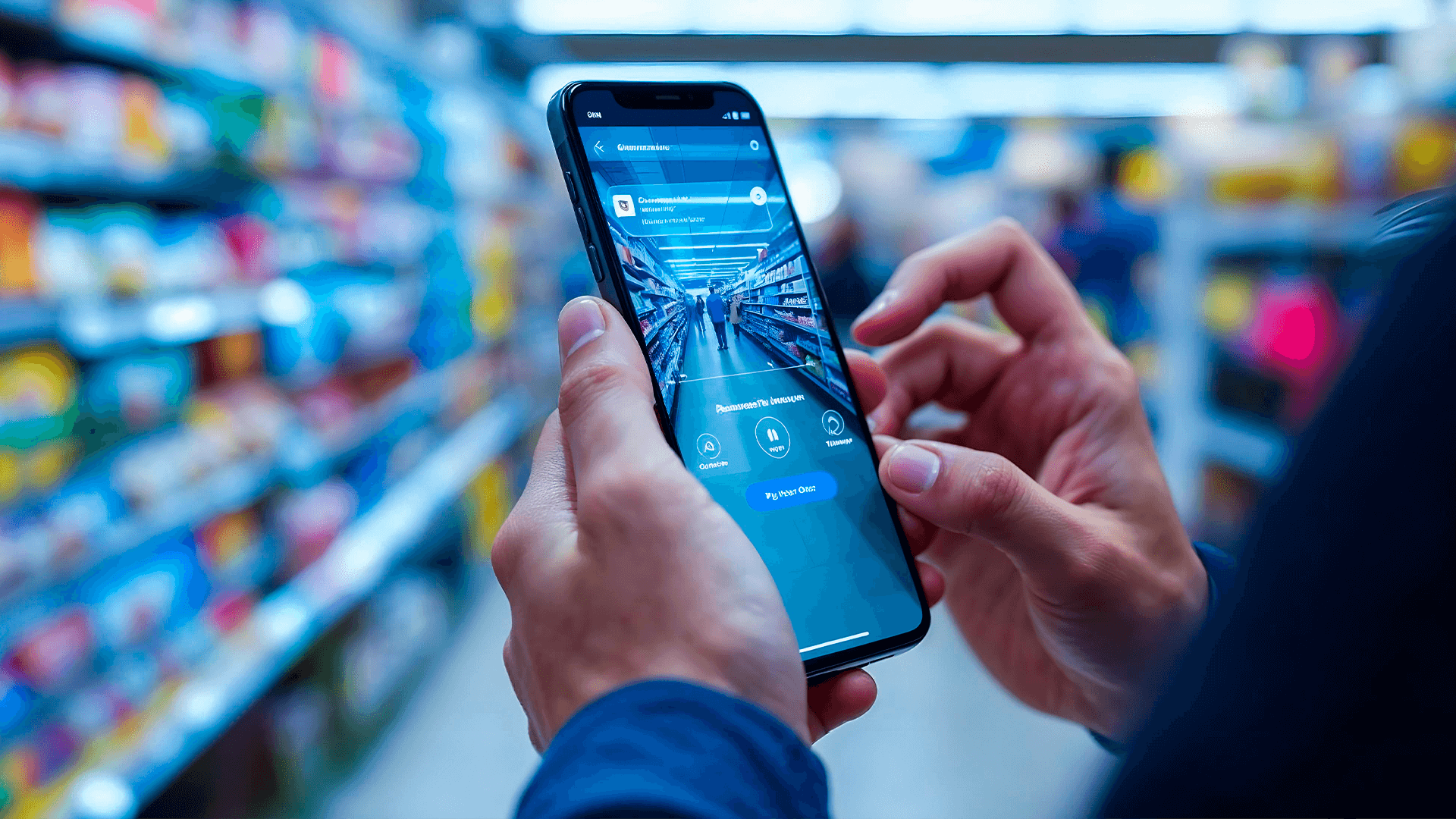 Celular inspecionando gôndola de mercado, simbolizando a visão computacional no varejo.