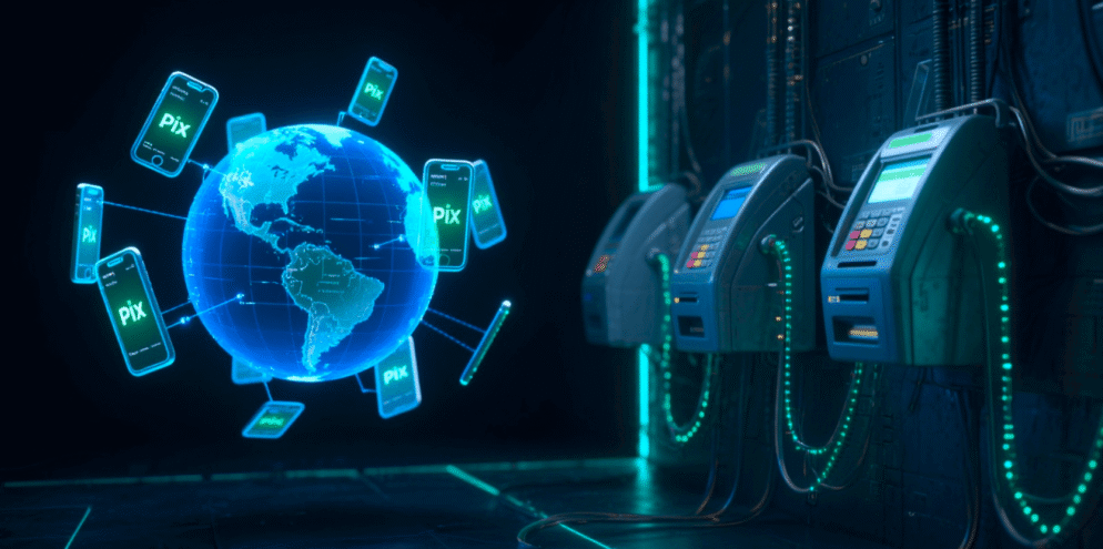 Globo sendo rodeado pelo Pix, simbolizando o pix global, tema do pix no mundo.
